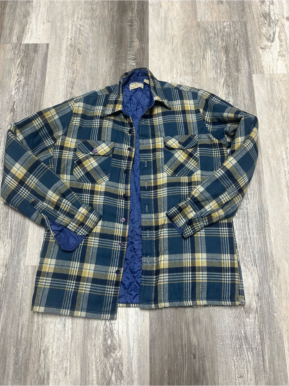Vintage Oakton Quilted Flannel Blue/Yellow Plaid Shirt Jacket Size Tall Medium